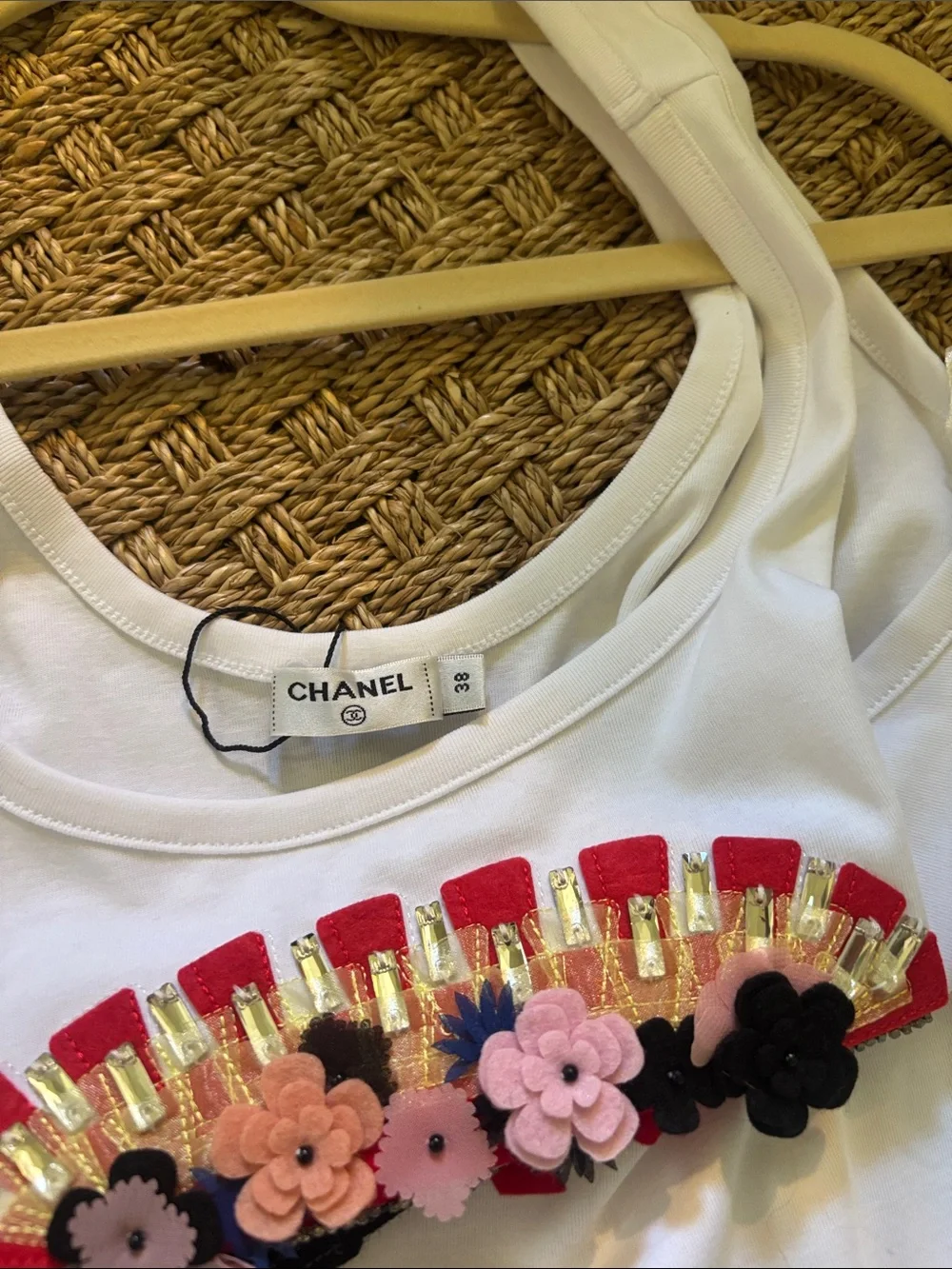 CHANEL White Tank Dress with Red Floral & Gold Embellishment